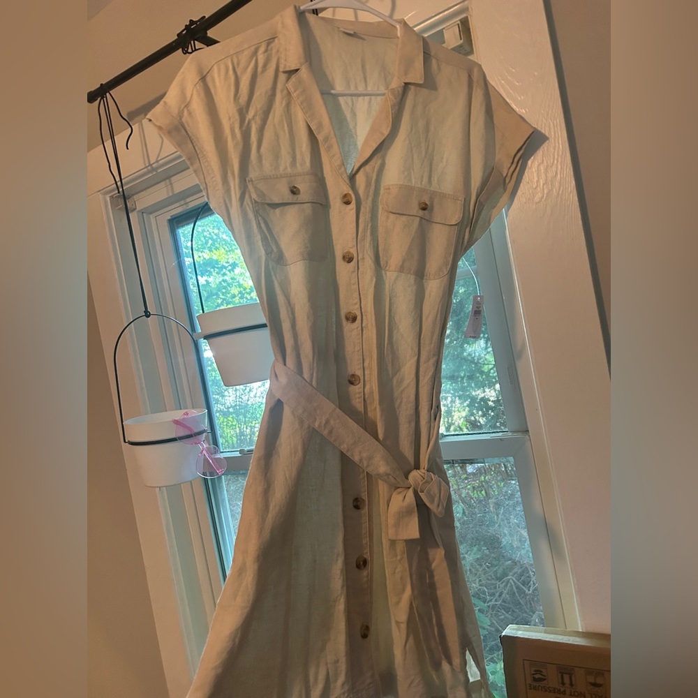 Khaki Button-Down Dress with Belt